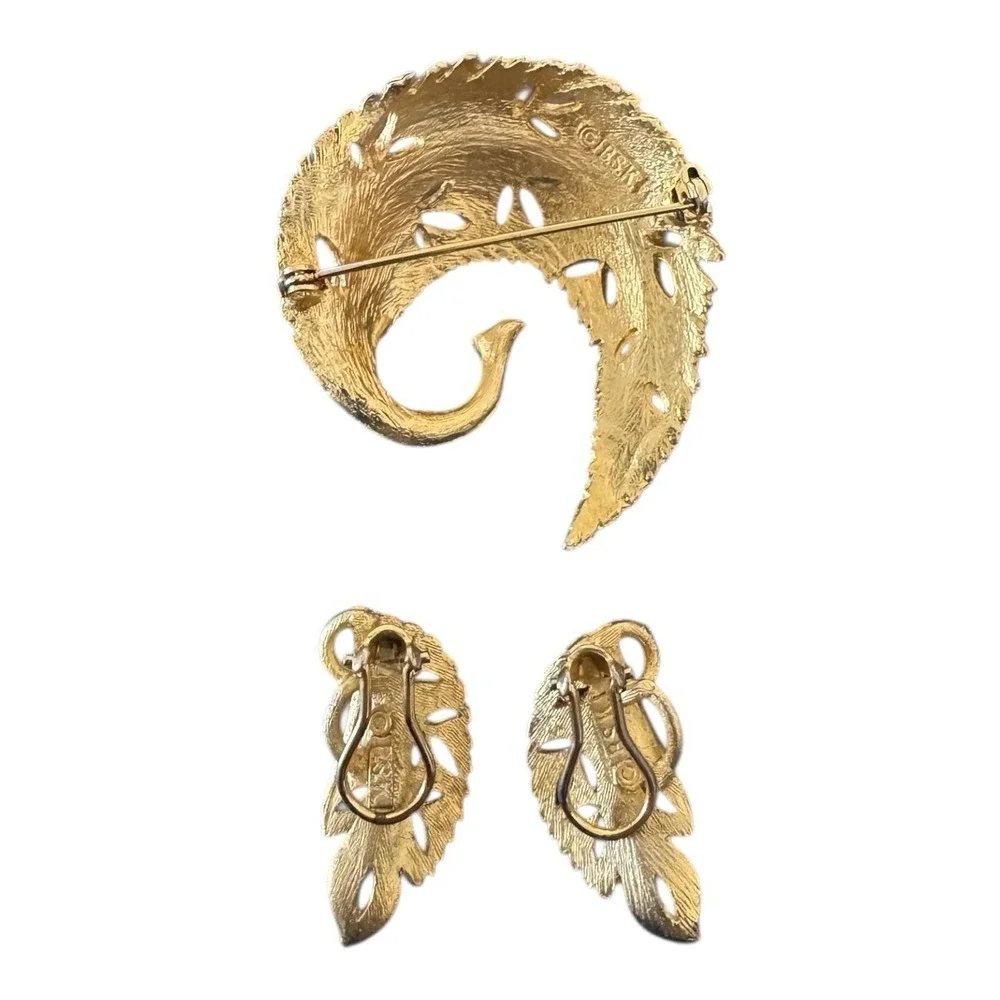 BSK Leaf Set Shiny Gold‎ Tone Textured Metal Brooch with Clip On Earrings